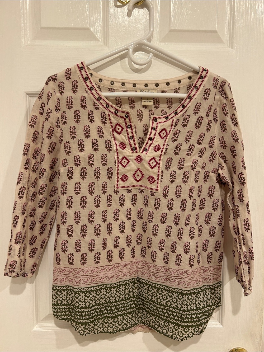 Lucky Brand Cream Tunic with Pink Embroidery and Olive Border, Small